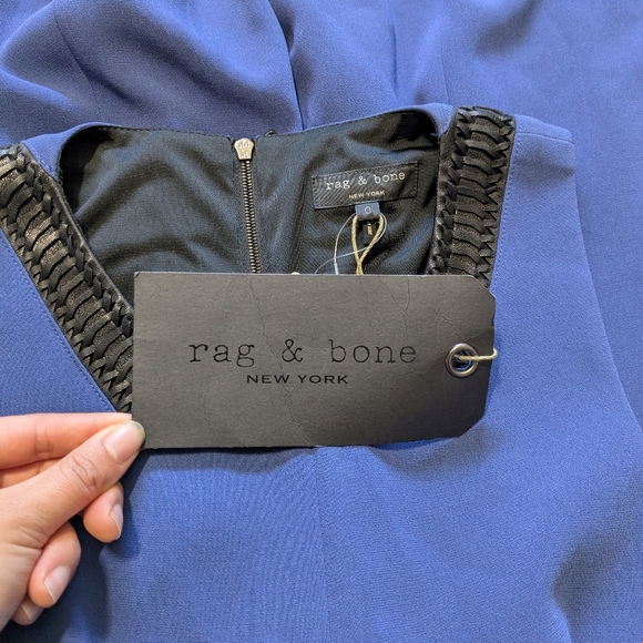 NEW Rag & Bone Renard Dress Mini Blue Leather Trim Flare Sleveless Size 0 - Picture 5 of 9